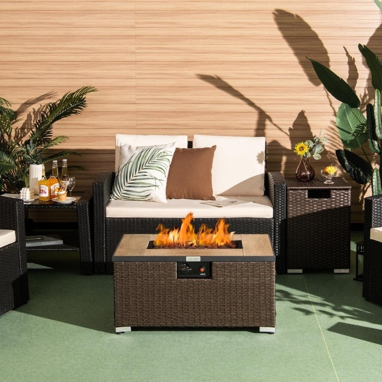 Outdoor Propane Fire Pit with Side Table Tank Holder in Brown PE Rattan LuxuryLifeWay Online Store