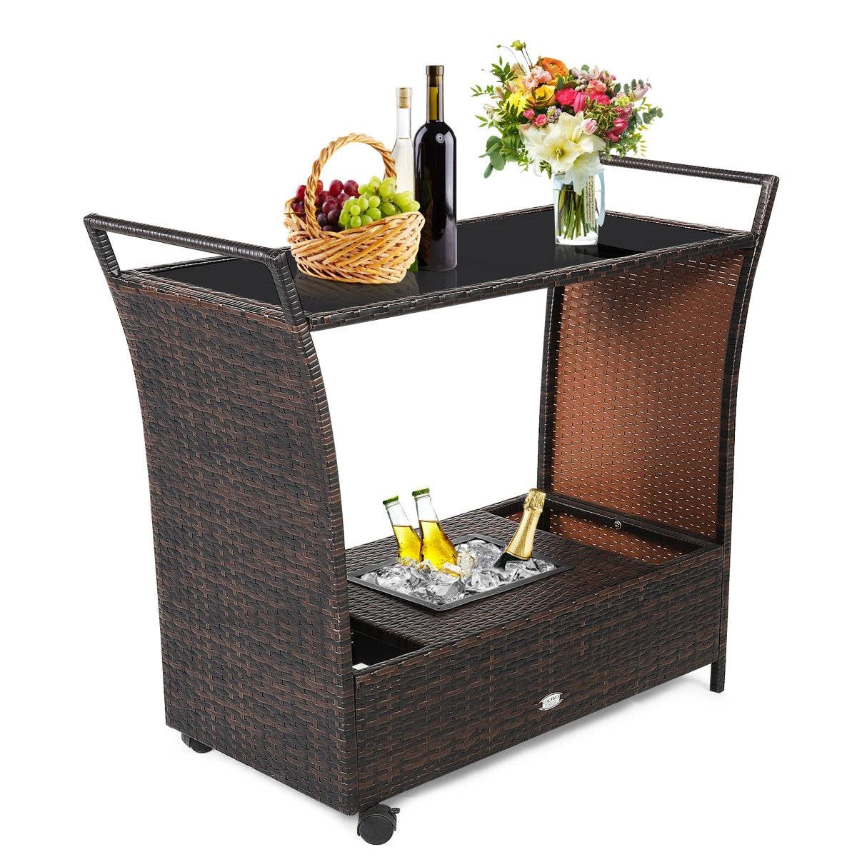 Outdoor Sturdy Resin Wicker Serving Bar Cart Brown Rattan LuxuryLifeWay Online Store