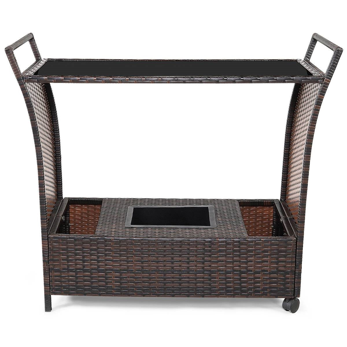 Outdoor Sturdy Resin Wicker Serving Bar Cart Brown Rattan LuxuryLifeWay Online Store