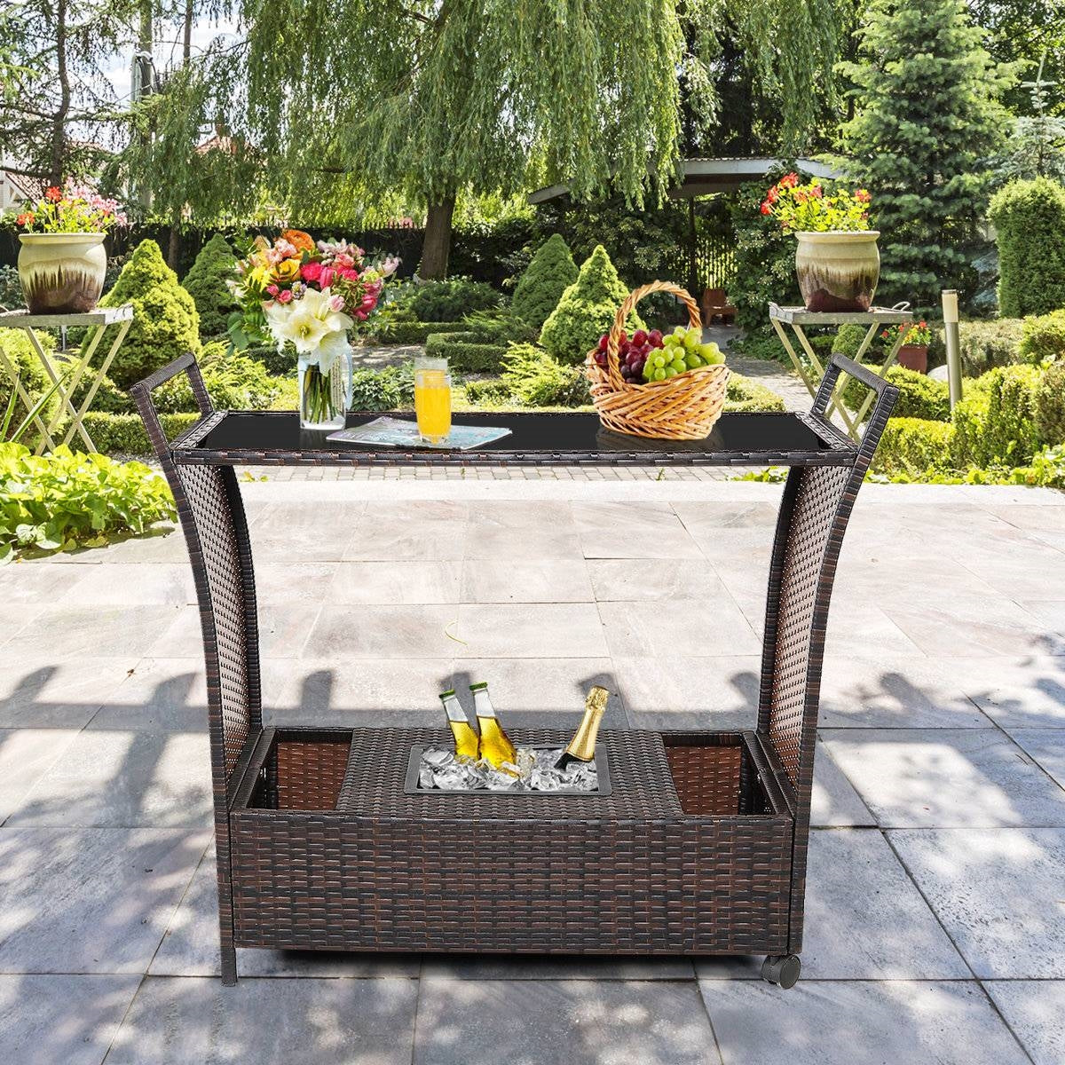 Outdoor Sturdy Resin Wicker Serving Bar Cart Brown Rattan LuxuryLifeWay Online Store