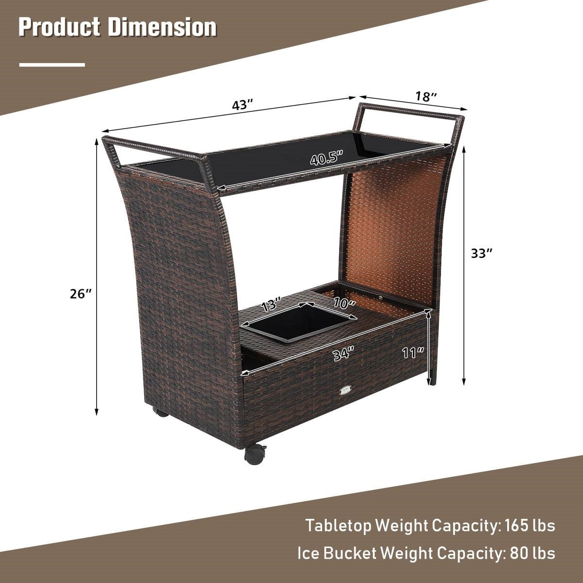 Outdoor Sturdy Resin Wicker Serving Bar Cart Brown Rattan LuxuryLifeWay Online Store