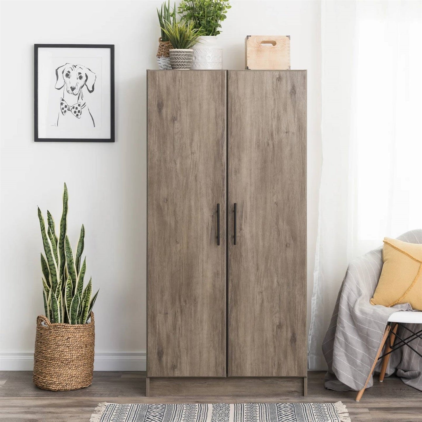 Bedroom Armoire Wardrobe Cabinet with Hanging Rail in Grey Brown Wood Finish LuxuryLifeWay Online Store