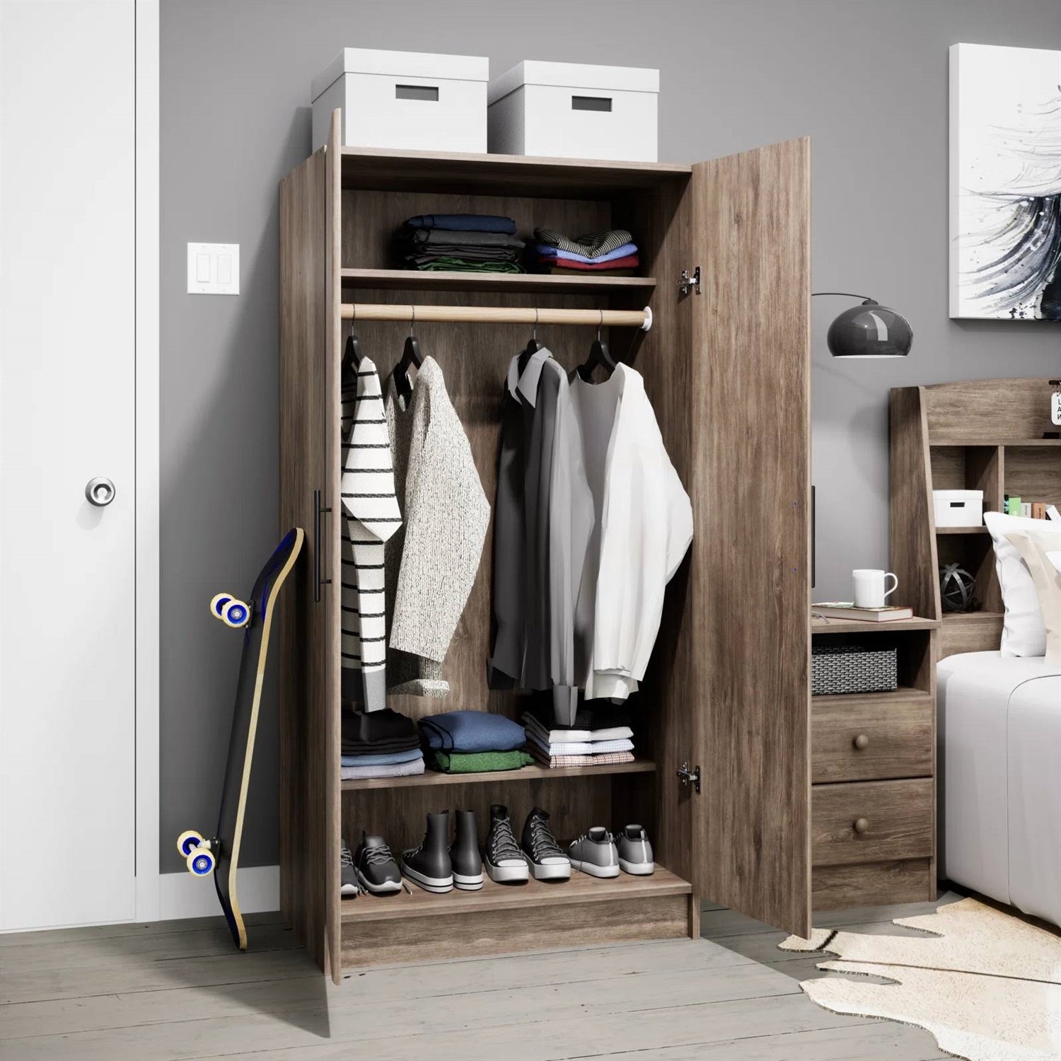 Bedroom Armoire Wardrobe Cabinet with Hanging Rail in Grey Brown Wood Finish LuxuryLifeWay Online Store