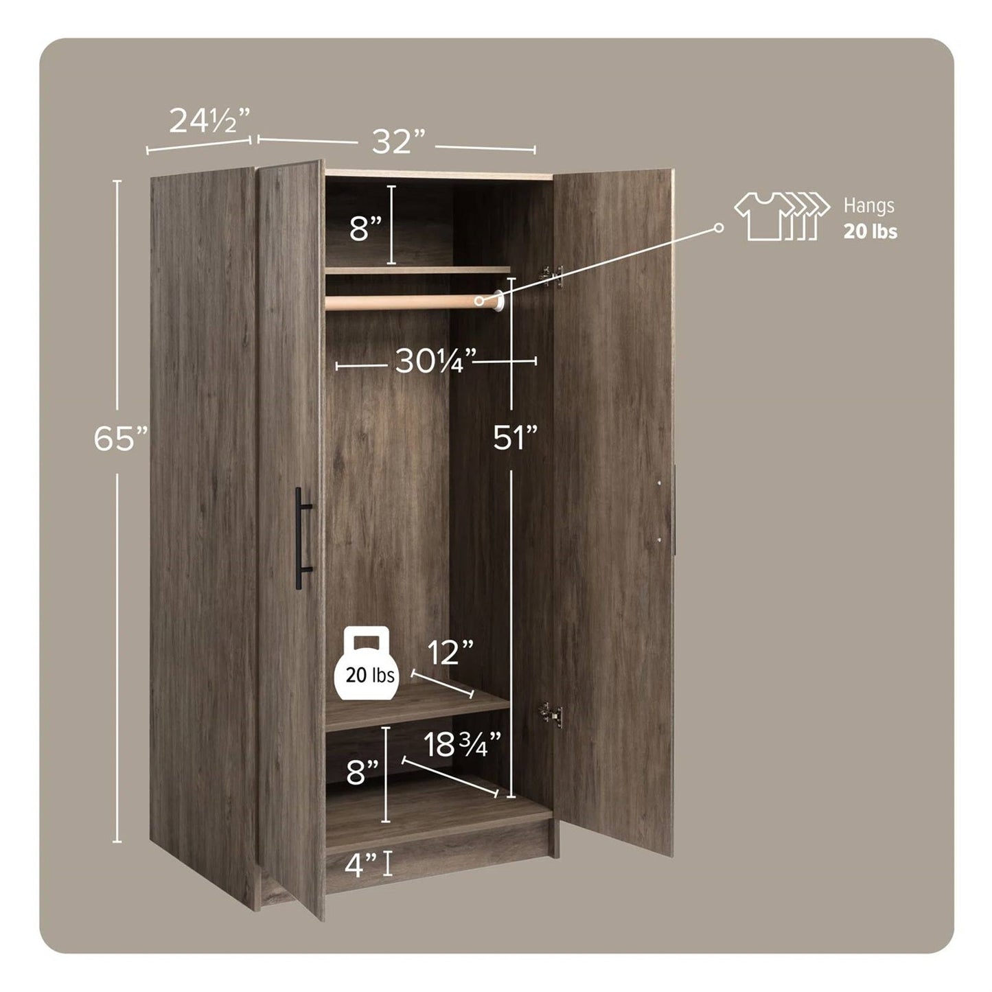 Bedroom Armoire Wardrobe Cabinet with Hanging Rail in Grey Brown Wood Finish LuxuryLifeWay Online Store