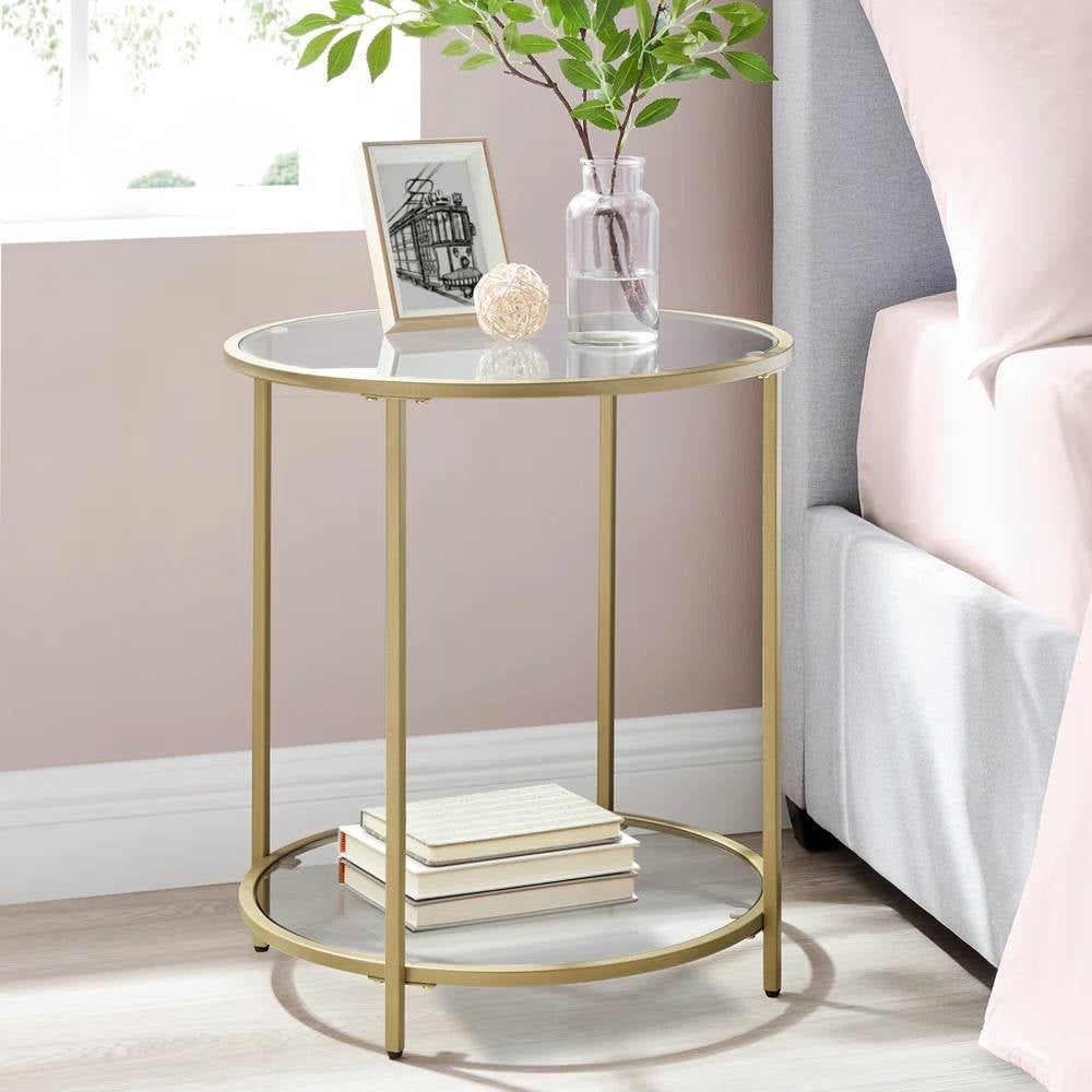 Modern Glass Top Round Metal End Table Nightstand with Bottom Shelf in Gold LuxuryLifeWay Online Store