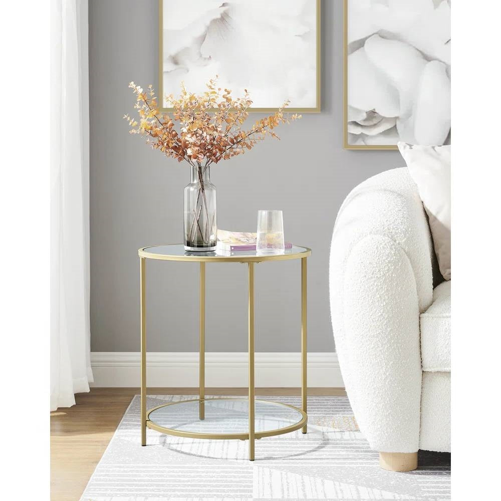 Modern Glass Top Round Metal End Table Nightstand with Bottom Shelf in Gold LuxuryLifeWay Online Store