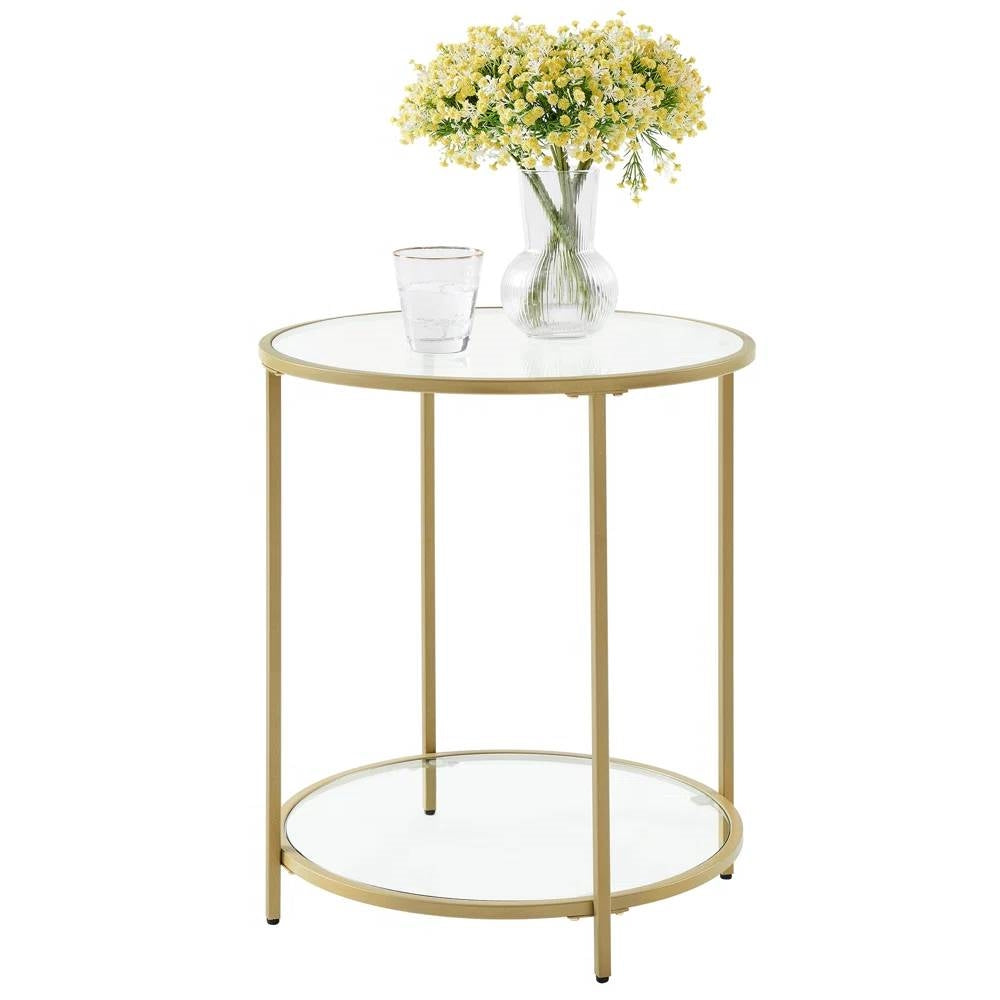 Modern Glass Top Round Metal End Table Nightstand with Bottom Shelf in Gold LuxuryLifeWay Online Store