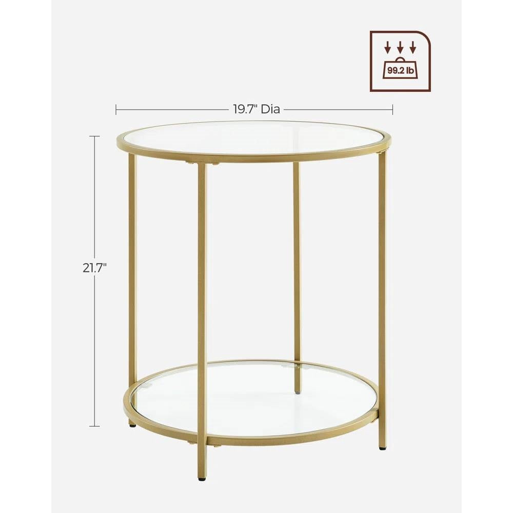 Modern Glass Top Round Metal End Table Nightstand with Bottom Shelf in Gold LuxuryLifeWay Online Store