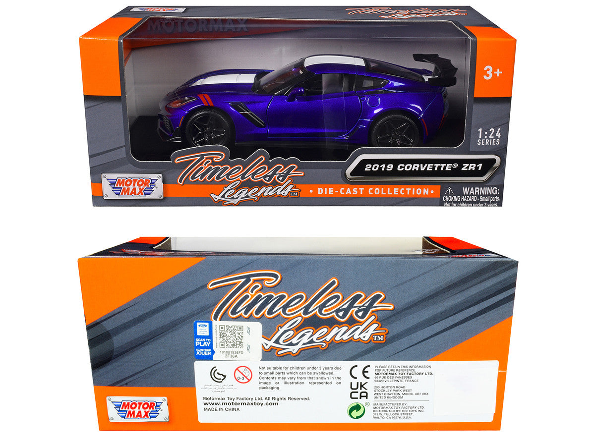 2019 Chevrolet Corvette ZR1 Blue Metallic and White "Timeless Legends" Series 1/24 Diecast Model Car by Motormax LuxuryLifeWay Online Store