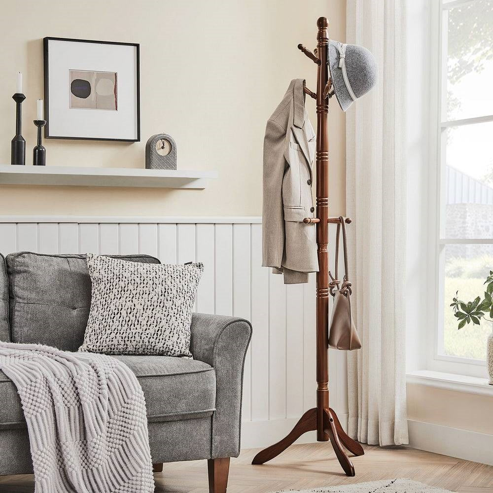 Adjustable Height Solid Wood Coat Rack with 10 Hooks in Dark Brown Finish LuxuryLifeWay Online Store