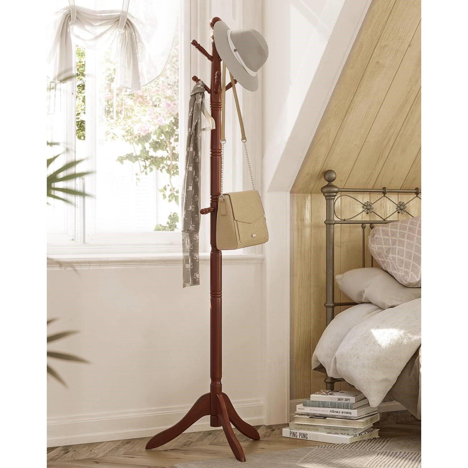Adjustable Height Solid Wood Coat Rack with 10 Hooks in Dark Brown Finish LuxuryLifeWay Online Store
