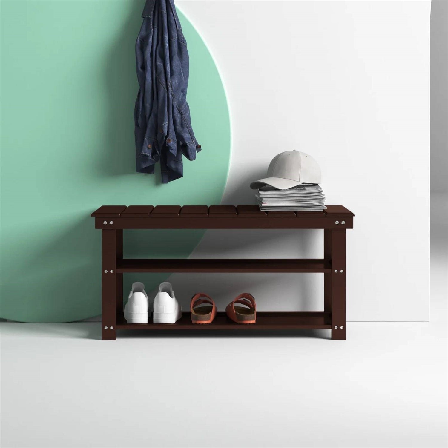 Espresso Brown Wood 2-Shelf Shoe Rack Storage Bench For Entryway or Closet LuxuryLifeWay Online Store