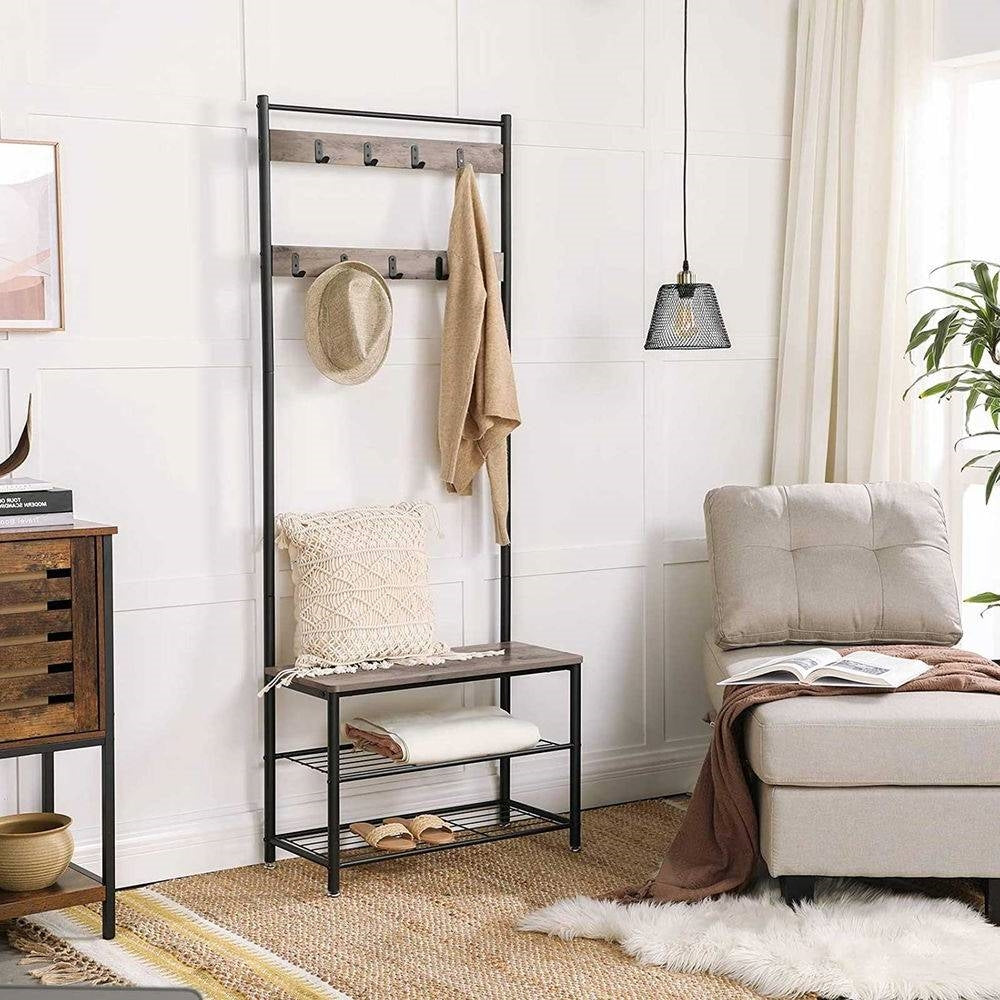 Modern Industrial Black Grey Entryway Coat Rack Shoe Bench with 2 Shelves LuxuryLifeWay Online Store