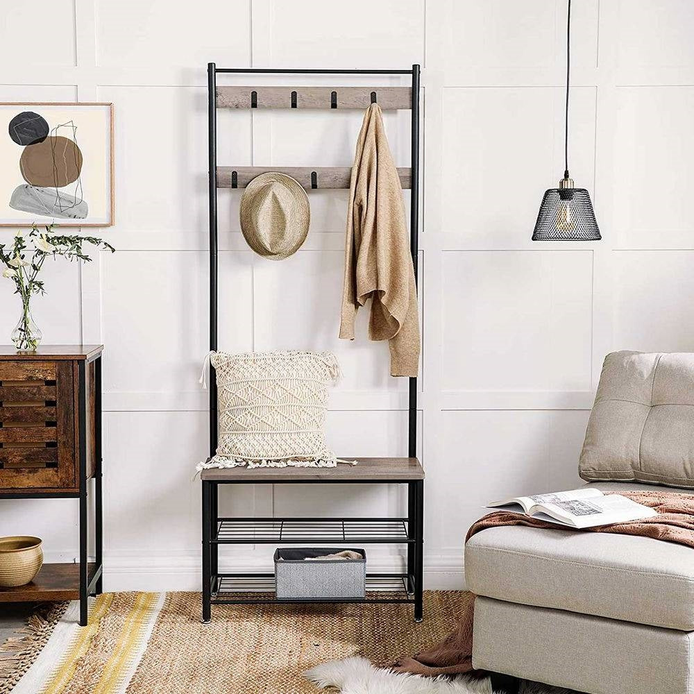 Modern Industrial Black Grey Entryway Coat Rack Shoe Bench with 2 Shelves LuxuryLifeWay Online Store