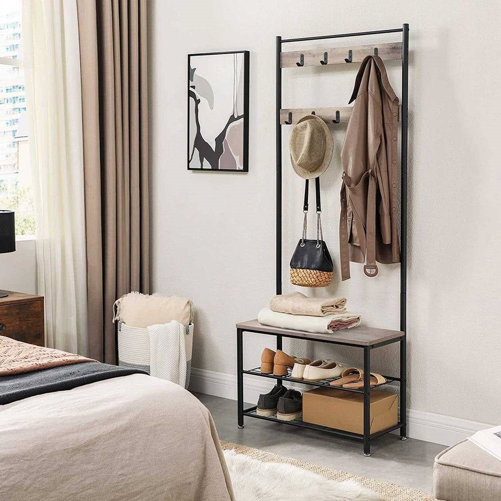 Modern Industrial Black Grey Entryway Coat Rack Shoe Bench with 2 Shelves LuxuryLifeWay Online Store