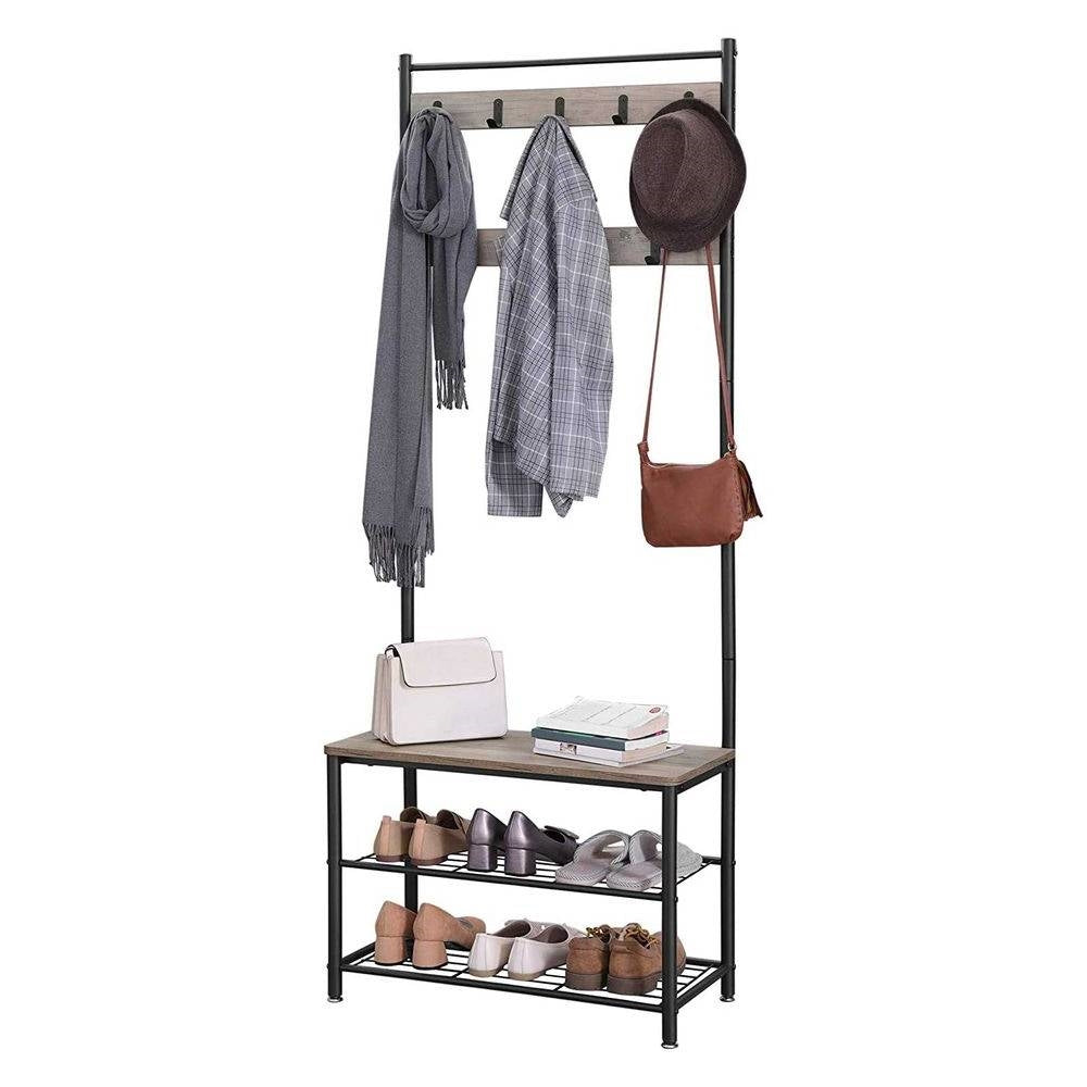 Modern Industrial Black Grey Entryway Coat Rack Shoe Bench with 2 Shelves LuxuryLifeWay Online Store
