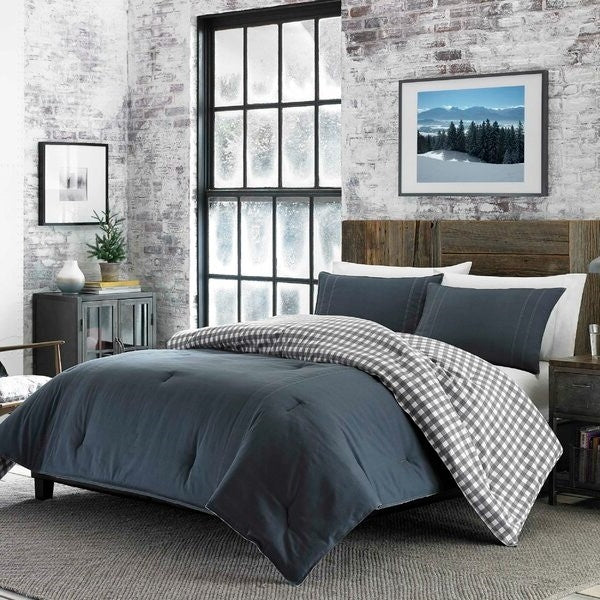 King size 100% Cotton Reverse Plaid Gray/White Comforter Set LuxuryLifeWay Online Store