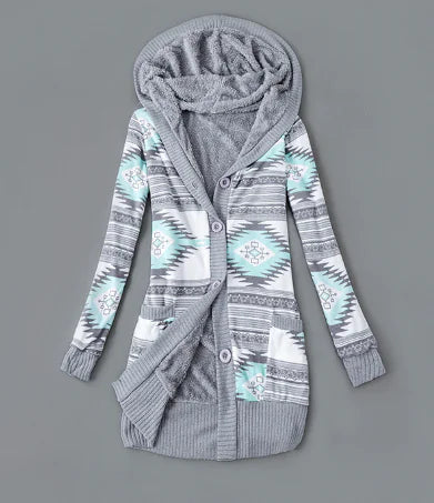 Thick Printed Hooded Knitted Cardigan Jacket