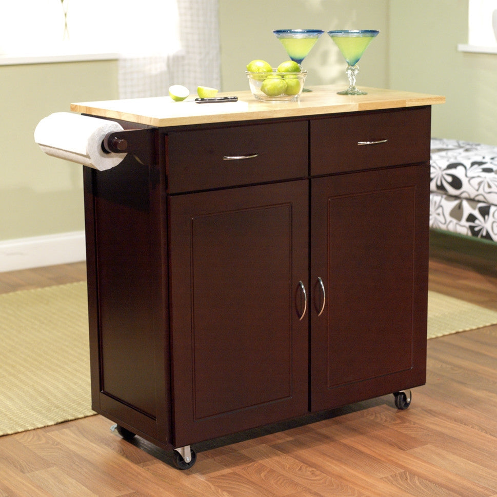 43-inch W Portable Kitchen Island Cart with Natural Wood Top in Espresso LuxuryLifeWay Online Store