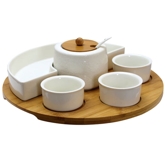 Elama Signature 8 Piece Appetizer Serving Set with 4 Serving Dishes, Center Condiment Server, Spoon, and Bamboo Serving Tray LuxuryLifeWay Online Store