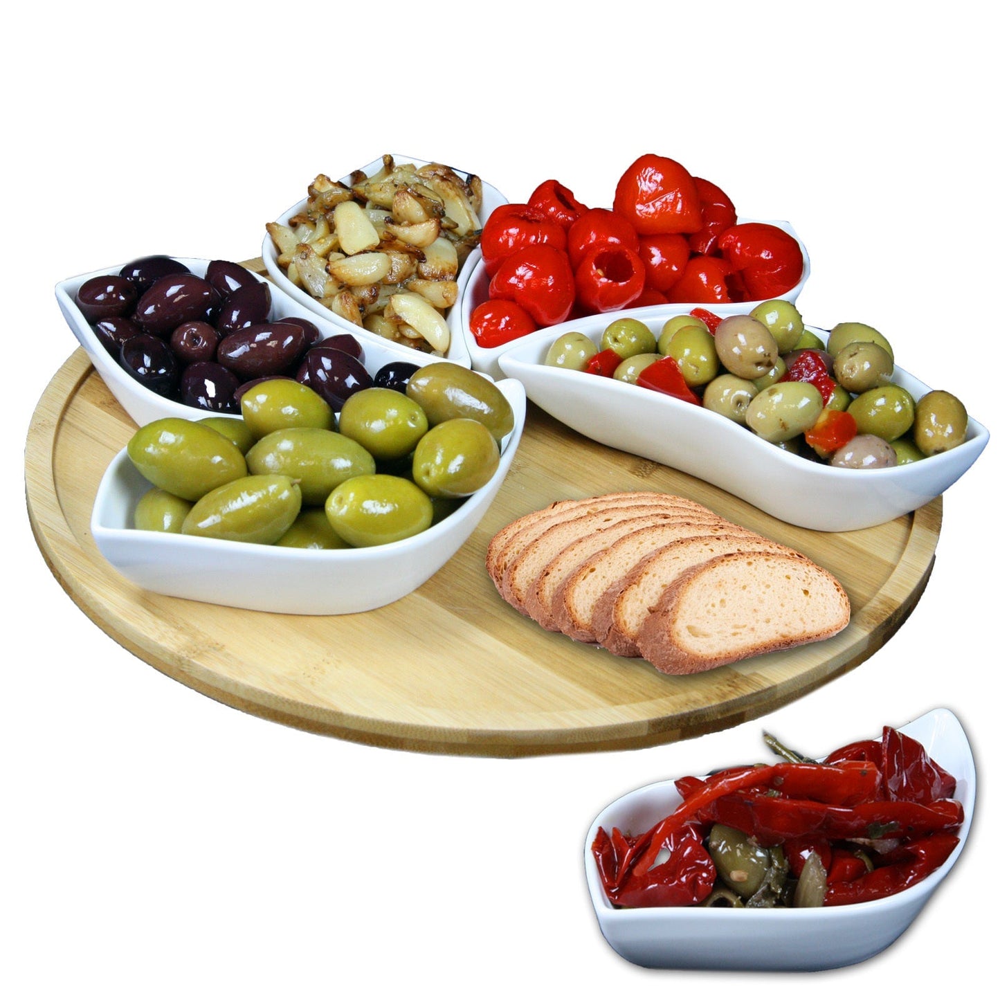 Elama Signature Modern 13.5 Inch 7pc Lazy Susan Appetizer and Condiment Server Set with 6 Unique Design Serving Dishes and a Bamboo Lazy Suzan Serving Tray LuxuryLifeWay Online Store