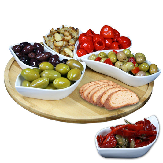 Elama Signature Modern 13.5 Inch 7pc Lazy Susan Appetizer and Condiment Server Set with 6 Unique Design Serving Dishes and a Bamboo Lazy Suzan Serving Tray LuxuryLifeWay Online Store