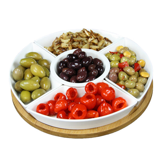 Elama Signature 12 1/4 Inch 6-Piece Lazy Susan Appetizer and Condiment Server Set with 5 Serving Dishes and a Bamboo Lazy Suzan Serving Tray LuxuryLifeWay Online Store