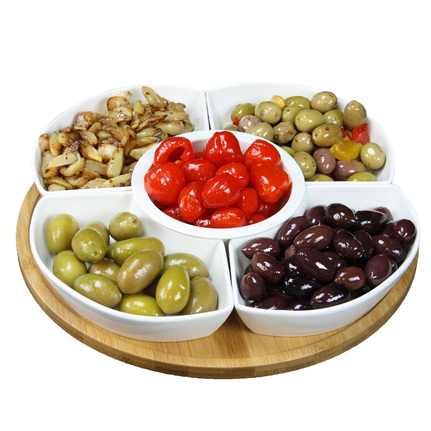 Elama Signature 12 1/4 Inch 6-Piece Lazy Susan Appetizer and Condiment Server Set with 5 Serving Dishes and a Bamboo Lazy Suzan Serving Tray LuxuryLifeWay Online Store