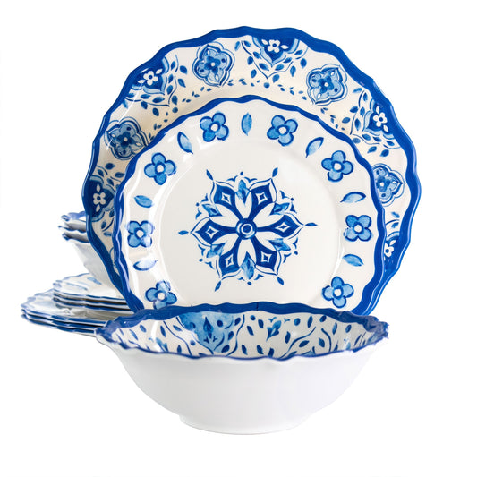 Elama Blue Garden 12 Piece Scalloped Lightweight Melamine Dinnerware Set in Blue LuxuryLifeWay Online Store
