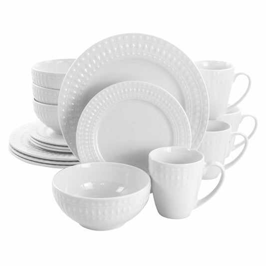 Elama Cara 16 Piece Round Porcelain Dinnerware Set in White LuxuryLifeWay Online Store