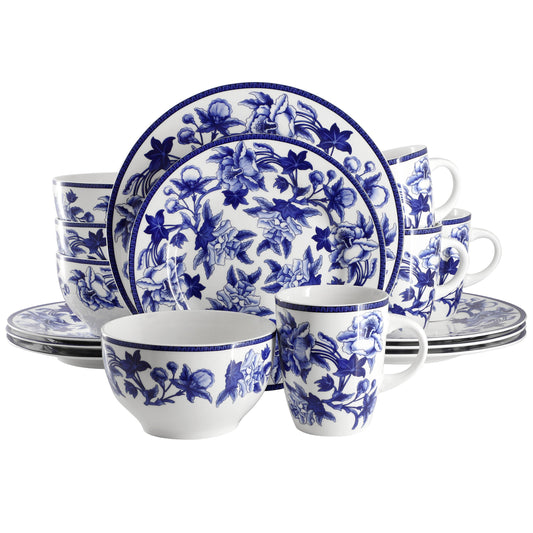 Elama Cattleya Orchid 16 Piece Round Porcelain Dinnerware Set in Blue and White LuxuryLifeWay Online Store