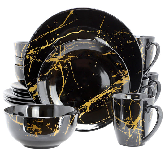 Elama Fine Marble 16 Piece Porcelain Dinnerware Set in Black with Gold Veining LuxuryLifeWay Online Store