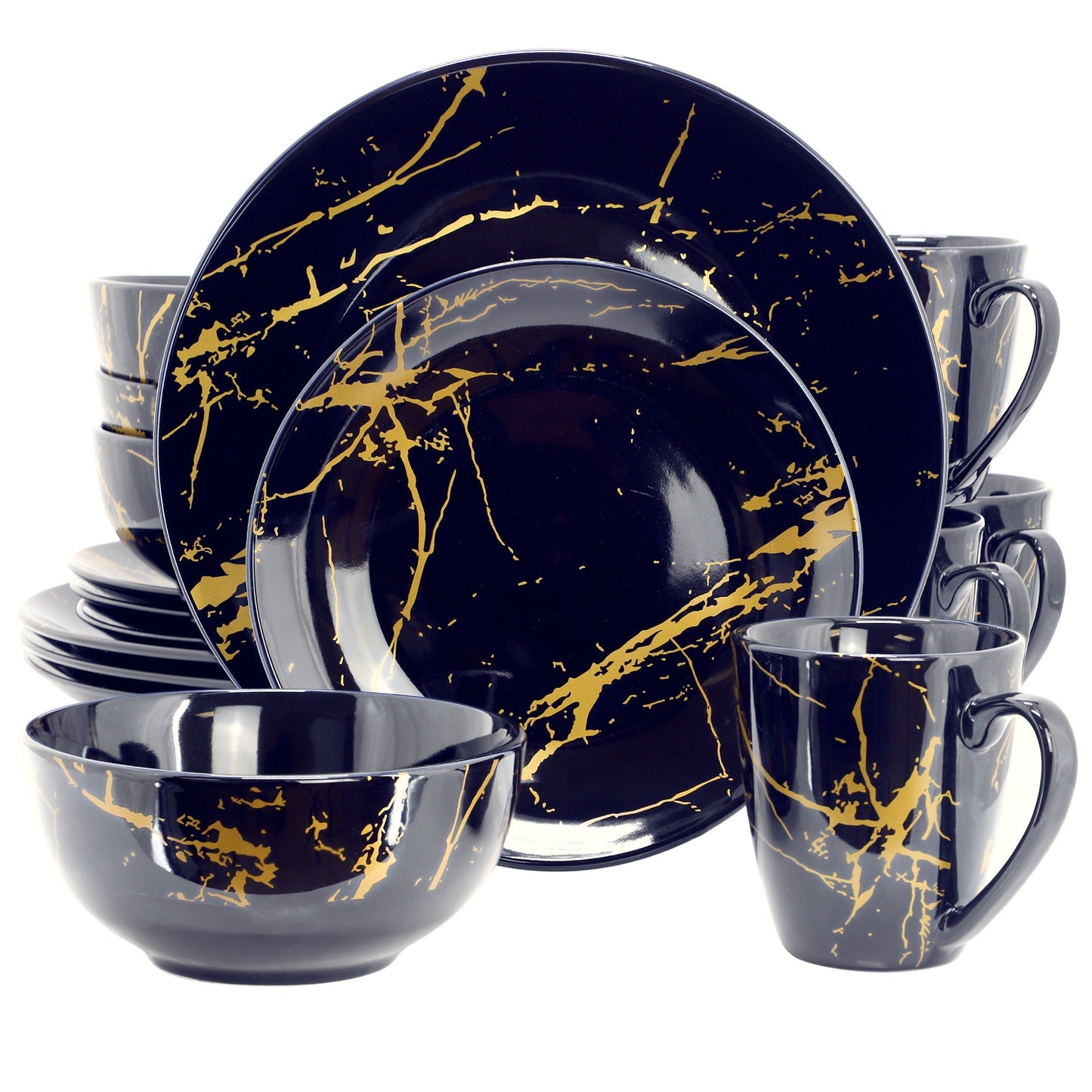 Elama Fine Marble 16 Piece Porcelain Dinnerware Set in Dark Blue with Gold Veining LuxuryLifeWay Online Store