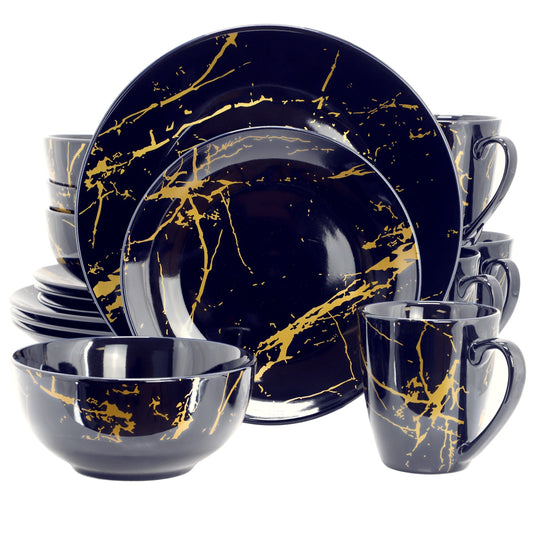 Elama Fine Marble 16 Piece Porcelain Dinnerware Set in Dark Blue with Gold Veining LuxuryLifeWay Online Store