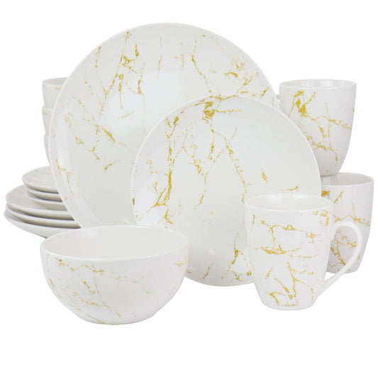 Elama Fine Marble 16 Piece Stoneware Dinnerware Set in Gold and White LuxuryLifeWay Online Store