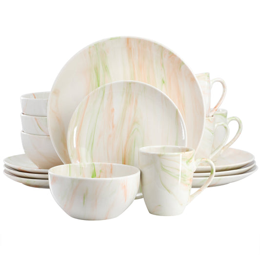 Elama Fine Marble 16 Piece Porcelain Dinnerware Set in Orange and Green LuxuryLifeWay Online Store