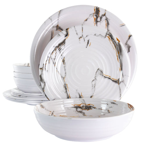 Elama Fine Sculpture 12 Piece Lightweight Melamine Dinnerware Set in White LuxuryLifeWay Online Store
