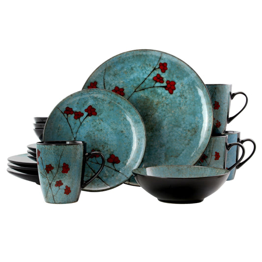 Elama Floral Accents 16 Piece Dinnerware Set in Blue LuxuryLifeWay Online Store