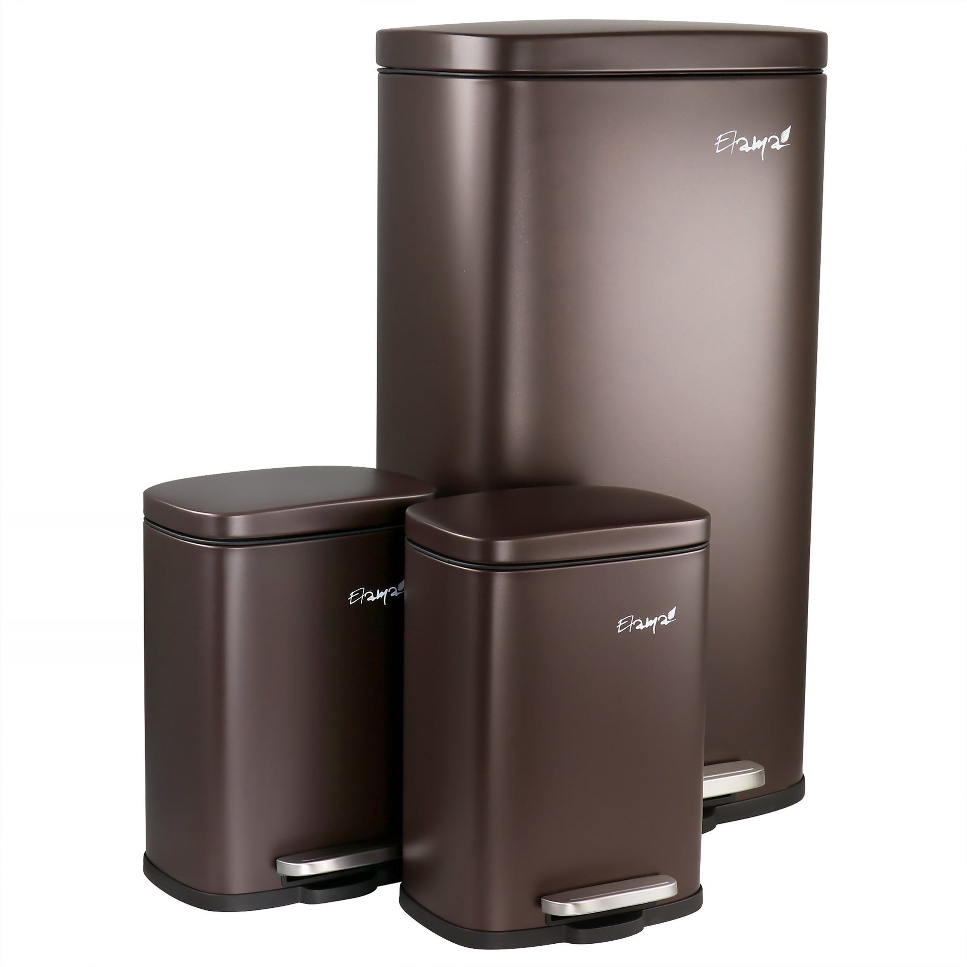 Elama 3 Piece 8 Gallon and 1.3 Gallon Stainless Steel Step Trash Bin Combo Set with Slow Close Mechanism in Matte Bronze LuxuryLifeWay Online Store