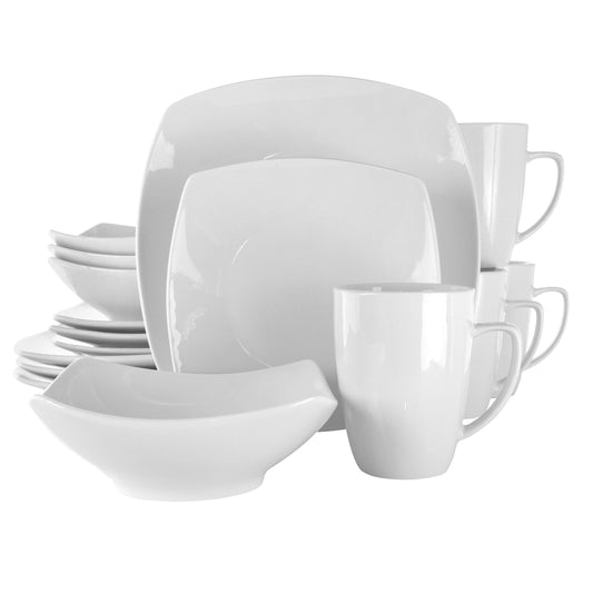 Elama Hayes 16 Piece Square Porcelain Dinnerware Set in White LuxuryLifeWay Online Store