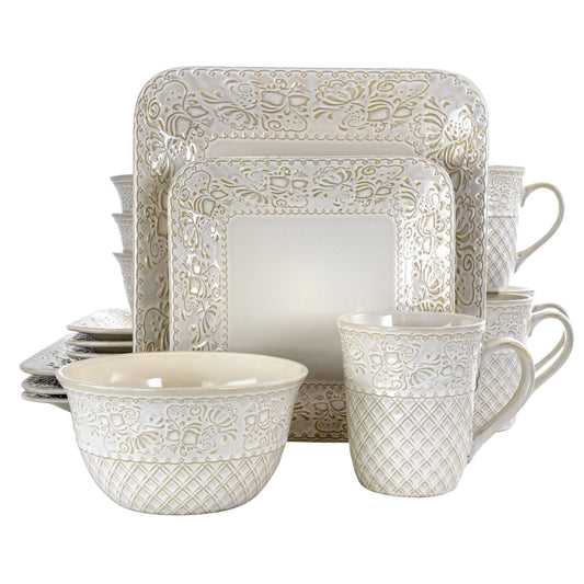 Elama Ivory Lotus 16 Piece Square Dinnerware Set LuxuryLifeWay Online Store