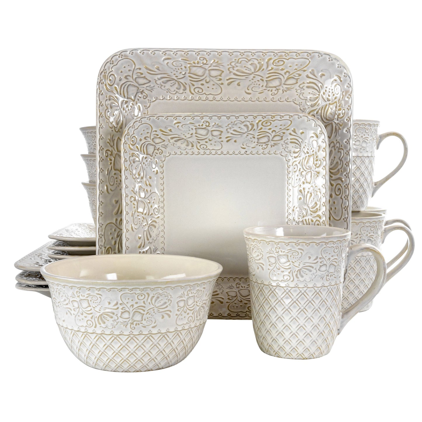 Elama Ivory Lotus 16 Piece Square Dinnerware Set LuxuryLifeWay Online Store