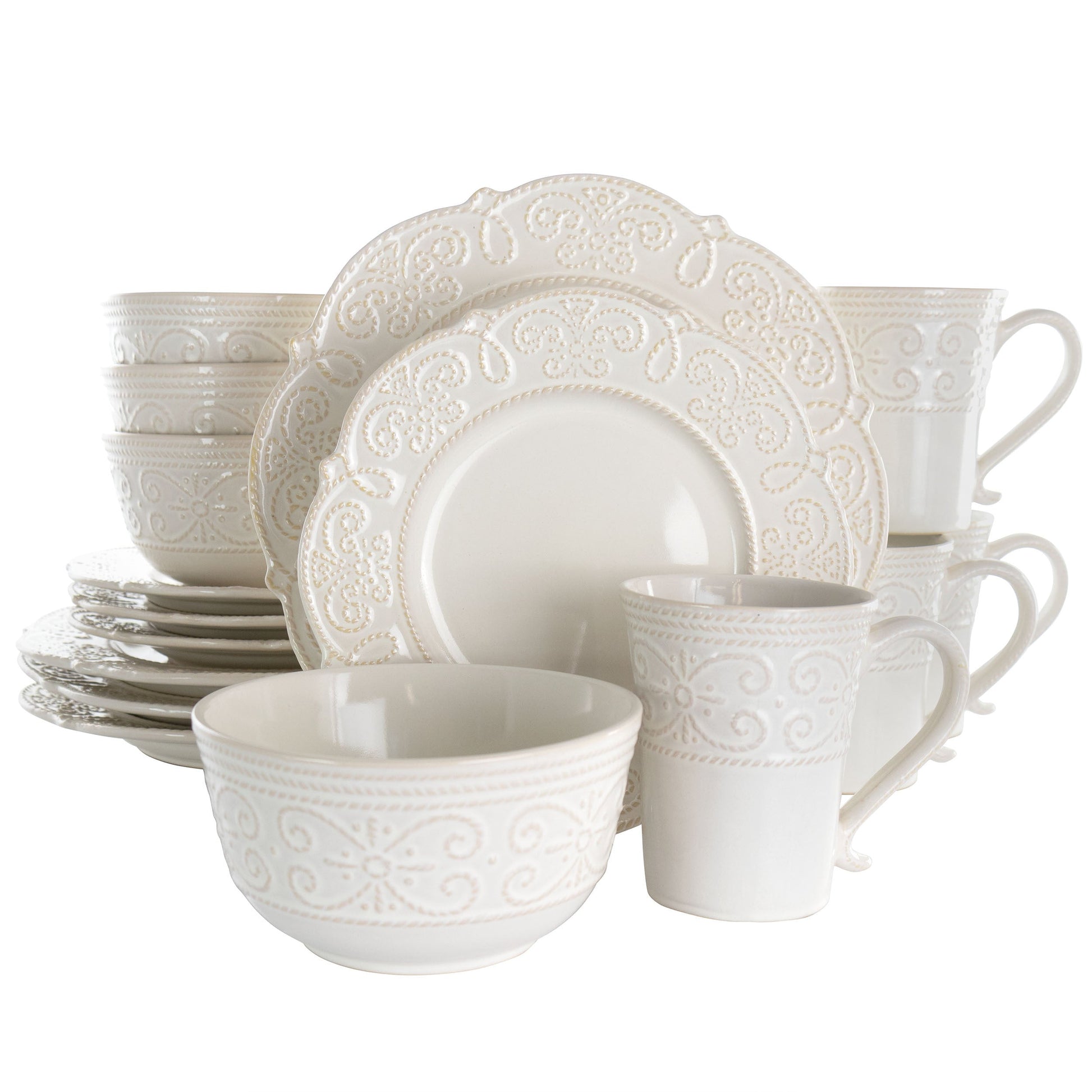 Elama Luna 16 Piece Embossed Scalloped Stoneware Dinnerware Set in White LuxuryLifeWay Online Store