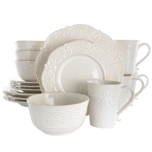 Elama Luna 16 Piece Embossed Scalloped Stoneware Dinnerware Set in White LuxuryLifeWay Online Store