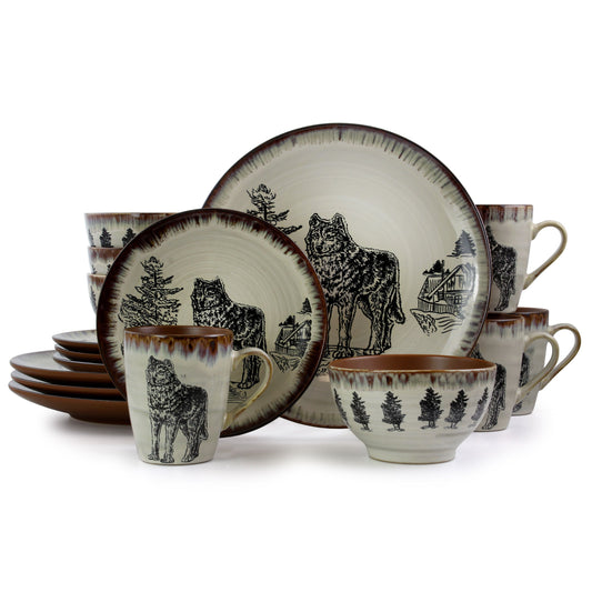 Elama Majestic Wolf 16 Piece Luxurious Stoneware Dinnerware with Complete Setting for 4 LuxuryLifeWay Online Store