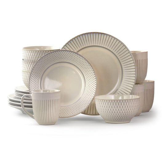 Elama Market Finds 16 Piece Round Stoneware Dinnerware Set in Embossed White LuxuryLifeWay Online Store