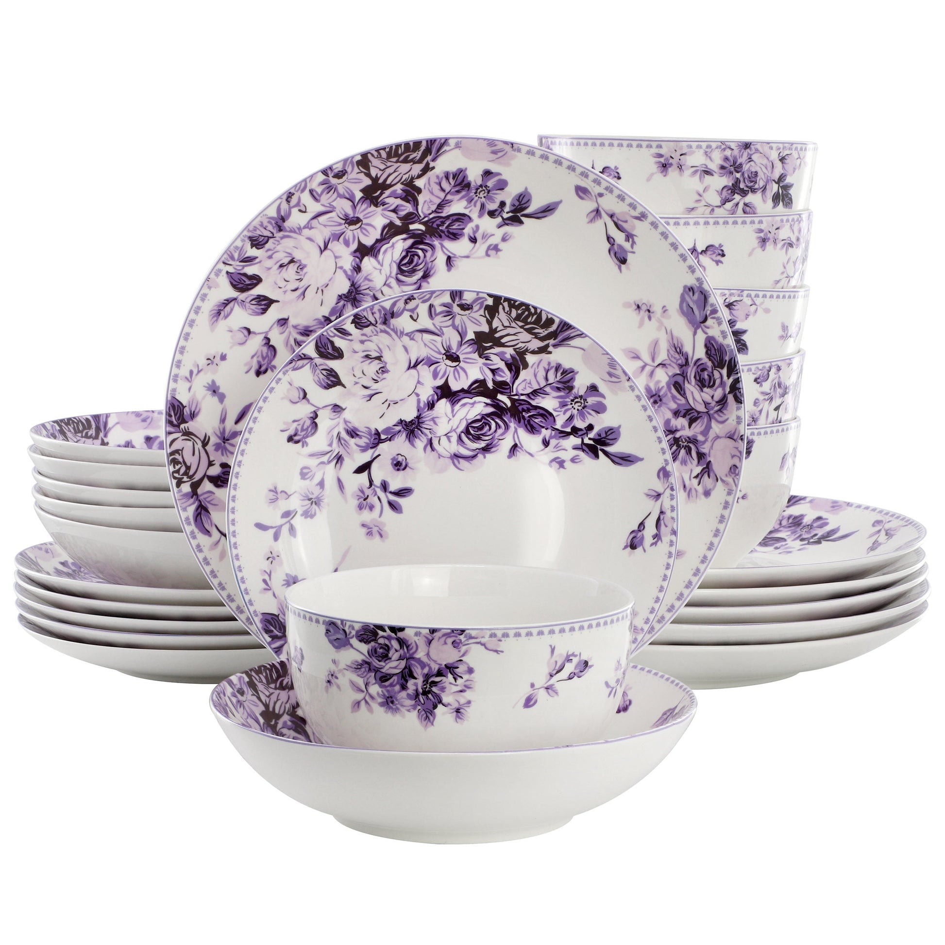 Elama Traditional Purple Rose 24 Piece Porcelain Double Bowl Dinnerware Set LuxuryLifeWay Online Store