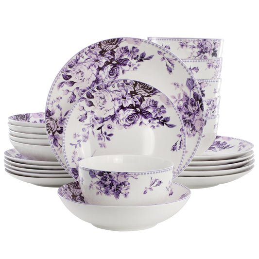 Elama Traditional Purple Rose 24 Piece Porcelain Double Bowl Dinnerware Set LuxuryLifeWay Online Store