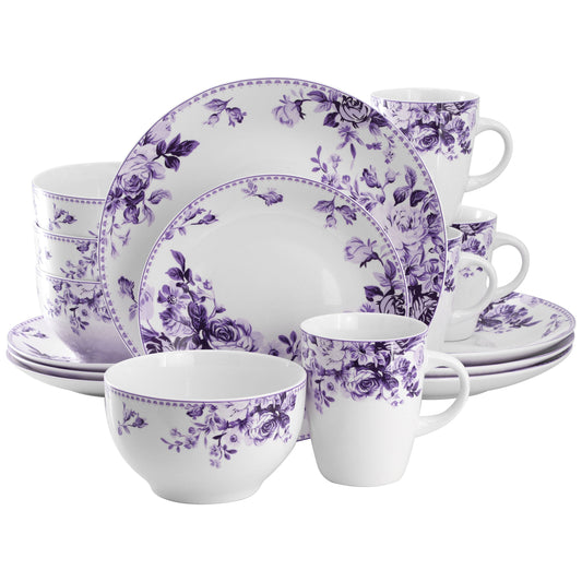 Elama Traditional Purple Rose 16 Piece Stoneware Dinnerware Set LuxuryLifeWay Online Store