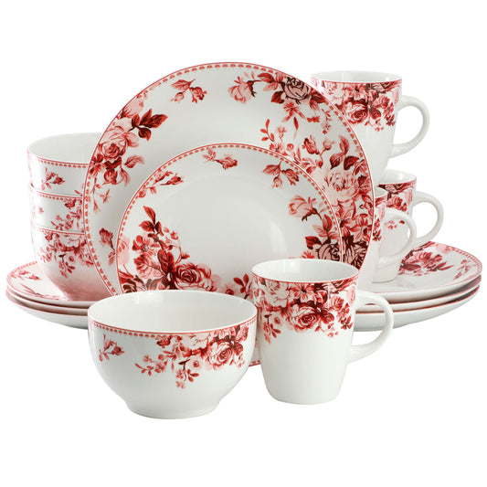 Elama Traditional Red Rose 16 Piece Stoneware Dinnerware Set LuxuryLifeWay Online Store